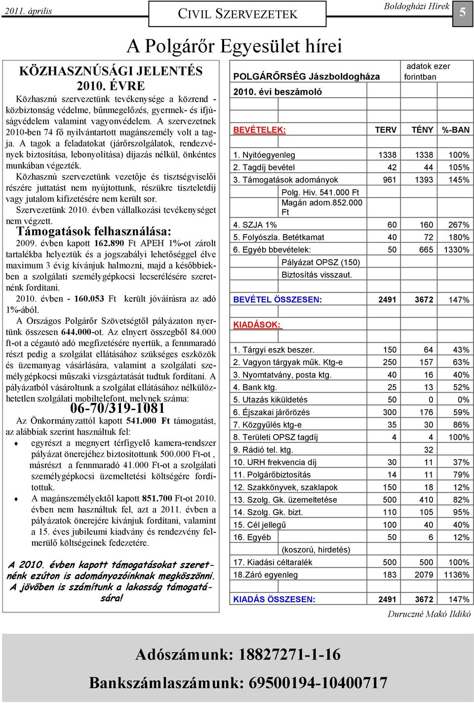 A szervezetnek 2010-ben 74 fő nyilvántartott magánszemély volt a tagja. A tagok a feladatokat (járőrszolgálatok, rendezvények biztosítása, lebonyolítása) díjazás nélkül, önkéntes munkában végezték.