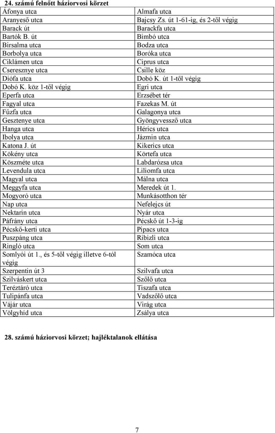 köz 1-től végig Egri utca Eperfa utca Erzsébet tér Fagyal utca Fazekas M. út Fűzfa utca Galagonya utca Gesztenye utca Gyöngyvessző utca Hanga utca Hérics utca Ibolya utca Jázmin utca Katona J.