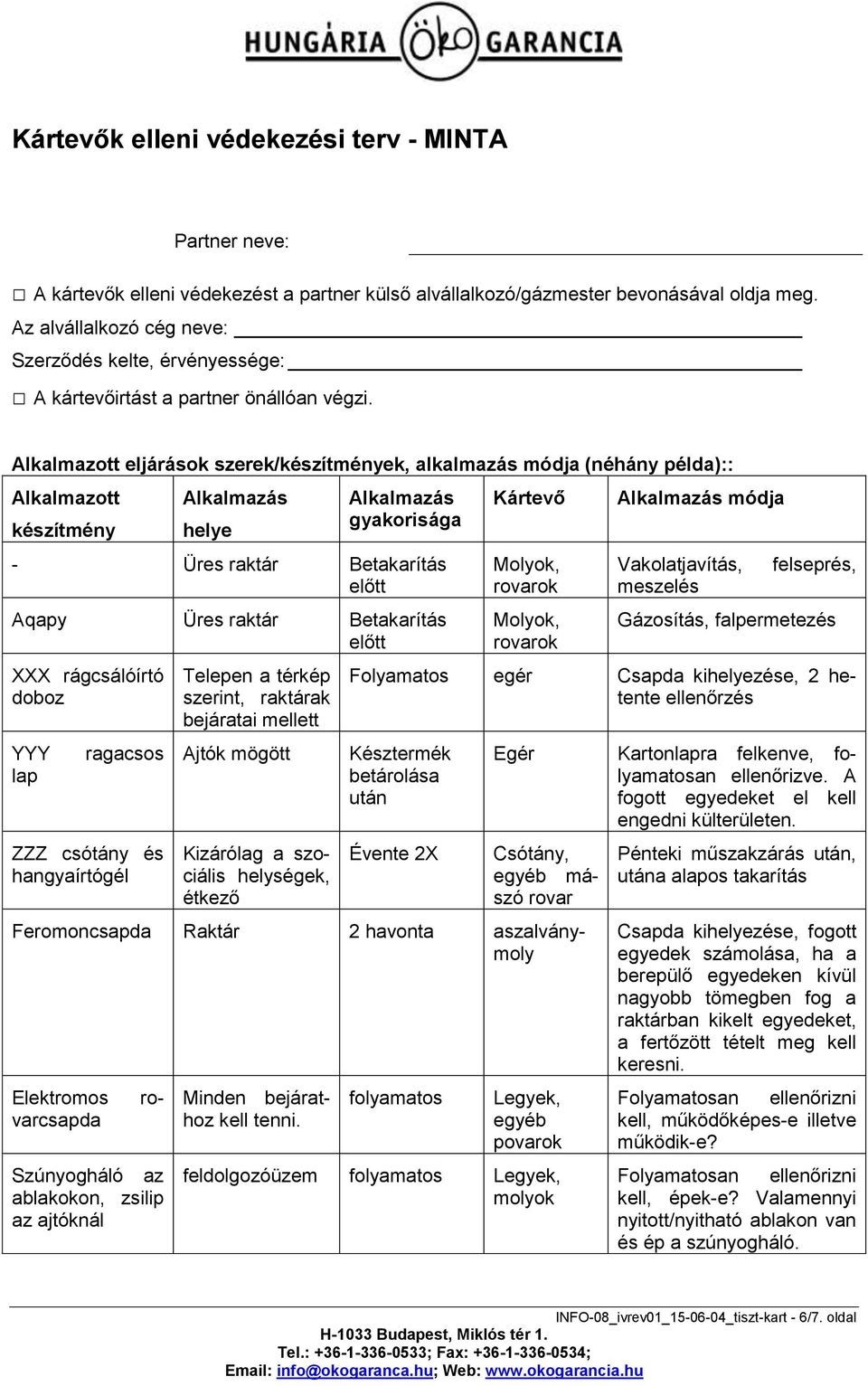 Alkalmazott eljárások szerek/készítmények, alkalmazás módja (néhány példa):: Alkalmazott készítmény Alkalmazás helye Alkalmazás gyakorisága - Üres raktár Betakarítás előtt Aqapy Üres raktár