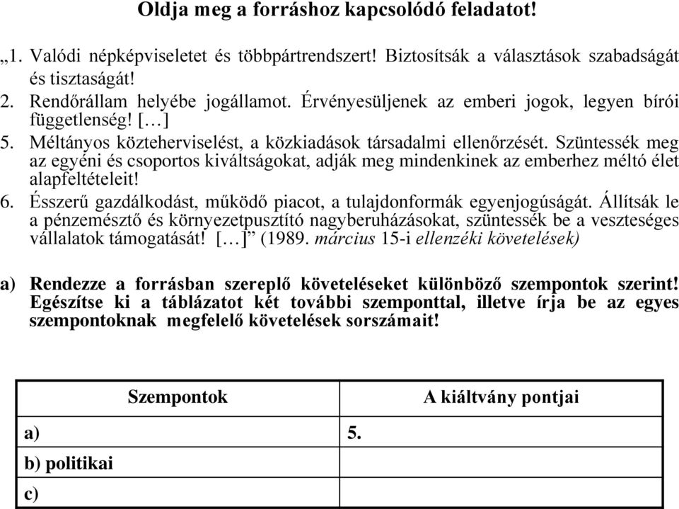 Szüntessék meg az egyéni és csoportos kiváltságokat, adják meg mindenkinek az emberhez méltó élet alapfeltételeit! 6. Ésszerű gazdálkodást, működő piacot, a tulajdonformák egyenjogúságát.