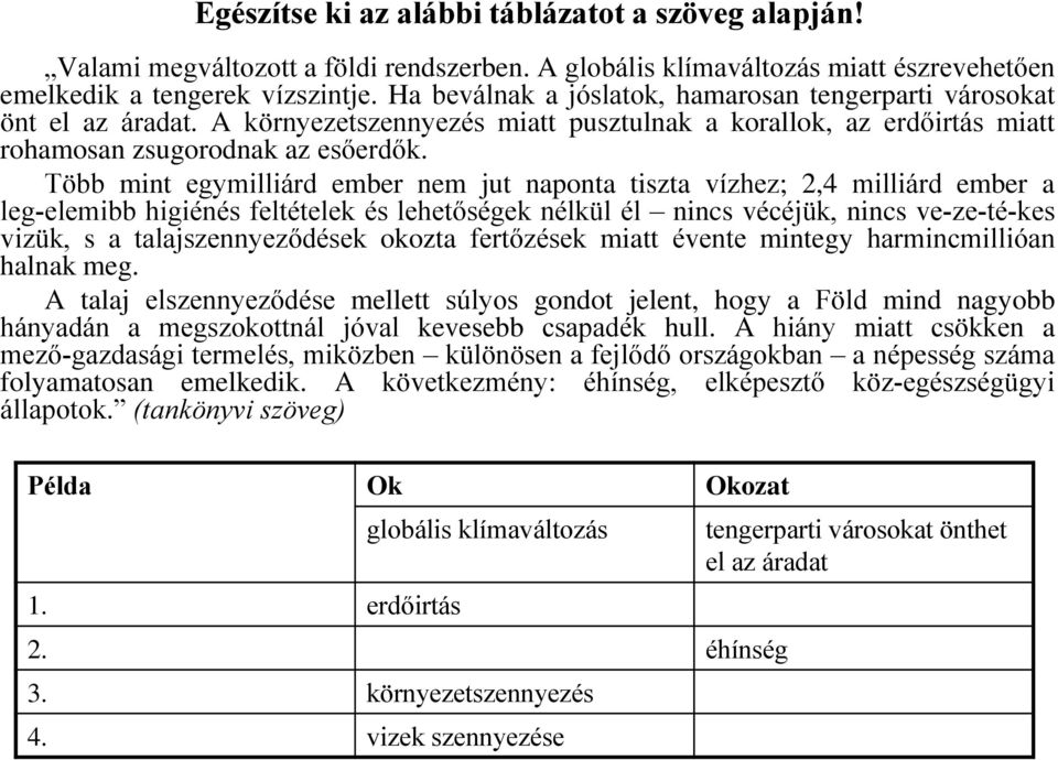 Több mint egymilliárd ember nem jut naponta tiszta vízhez; 2,4 milliárd ember a leg elemibb higiénés feltételek és lehetőségek nélkül él nincs vécéjük, nincs ve ze té kes vizük, s a