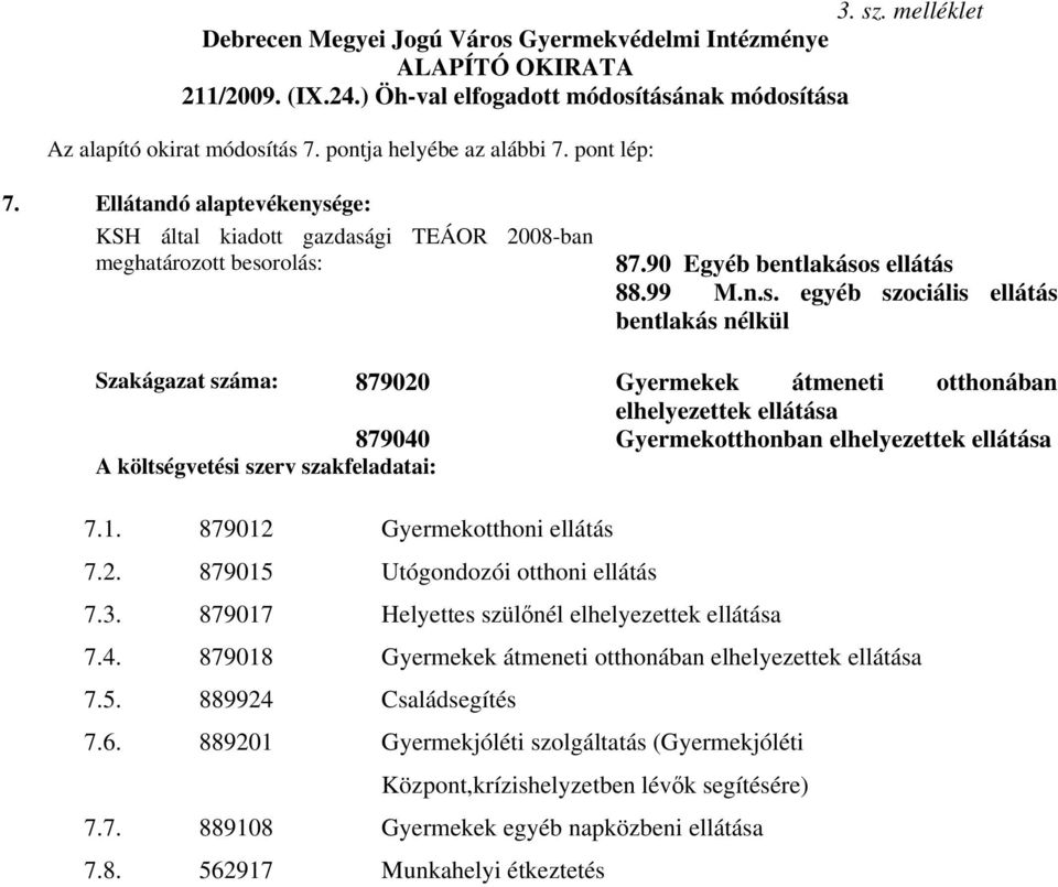 Ellátandó alaptevékenysége: KSH által kiadott gazdasági TEÁOR 2008-ban meghatározott besorolás: Szakágazat száma: 879020 879040 A költségvetési szerv szakfeladatai: 87.90 Egyéb bentlakásos ellátás 88.