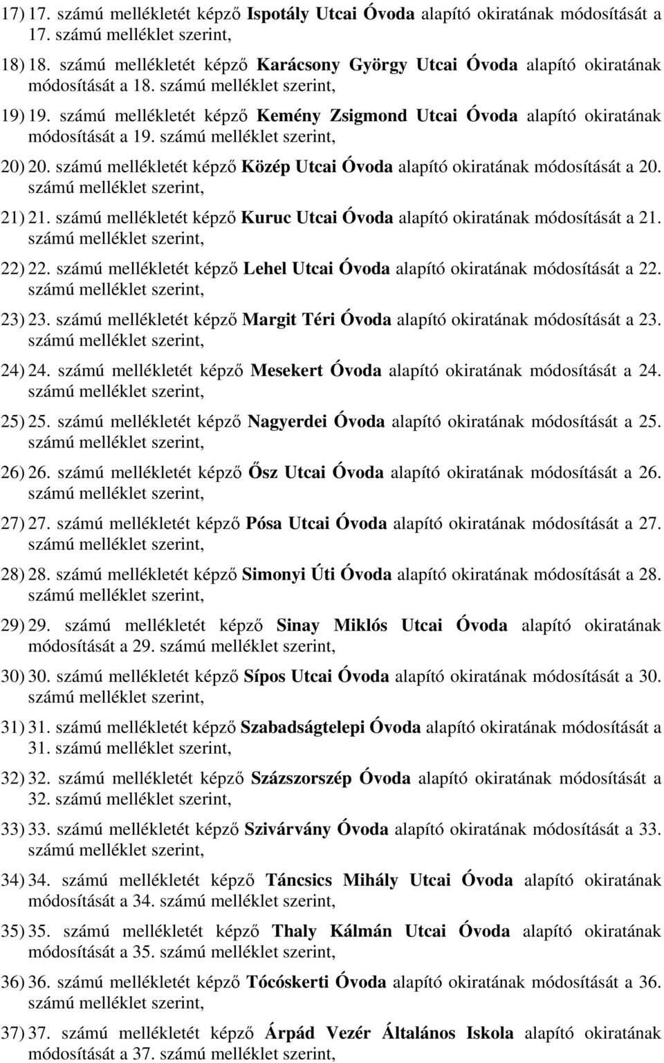 számú mellékletét képző Kemény Zsigmond Utcai Óvoda alapító okiratának módosítását a 19. számú melléklet szerint, 20) 20. számú mellékletét képző Közép Utcai Óvoda alapító okiratának módosítását a 20.