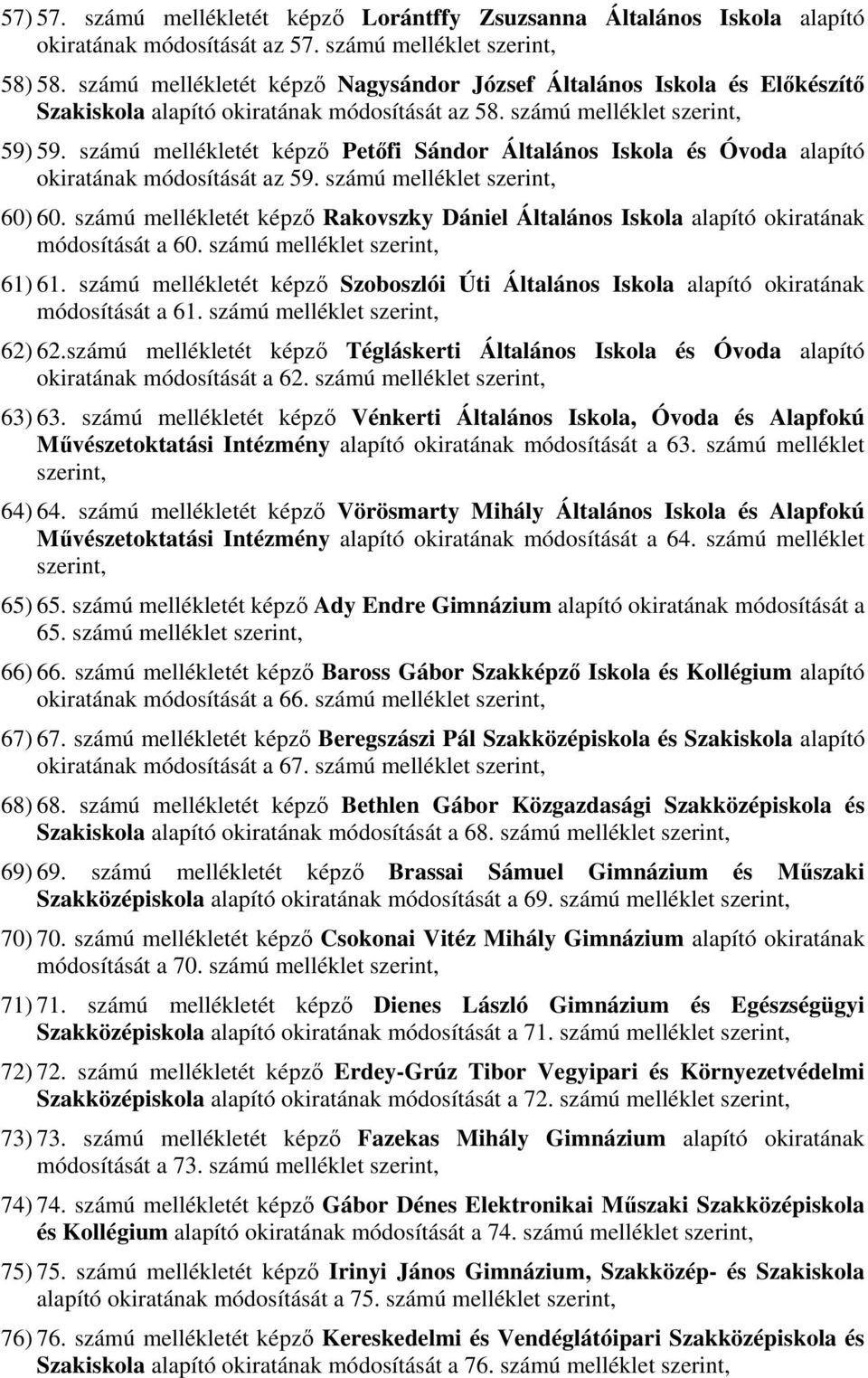 számú mellékletét képző Petőfi Sándor Általános Iskola és Óvoda alapító okiratának módosítását az 59. számú melléklet szerint, 60) 60.