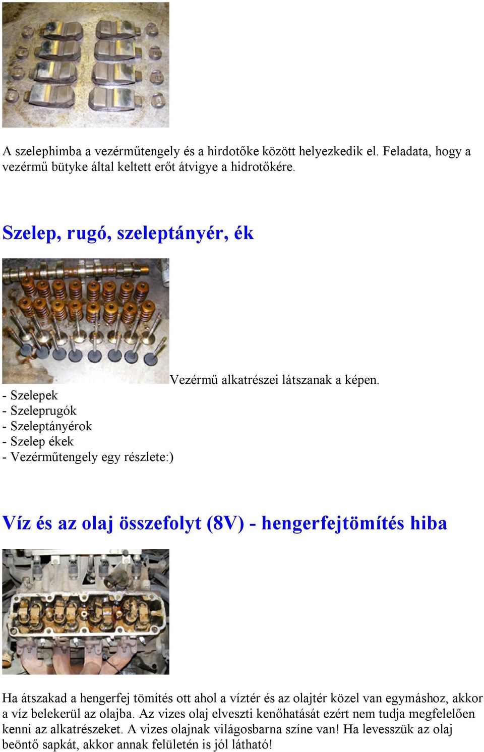 - Szelepek - Szeleprugók - Szeleptányérok - Szelep ékek - Vezérműtengely egy részlete:) Víz és az olaj összefolyt (8V) - hengerfejtömítés hiba Ha átszakad a hengerfej