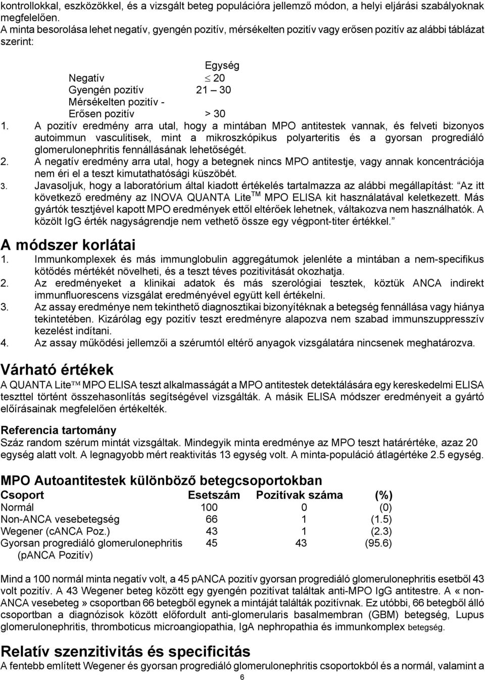 30 1. A pozitív eredmény arra utal, hogy a mintában MPO antitestek vannak, és felveti bizonyos autoimmun vasculitisek, mint a mikroszkópikus polyarteritis és a gyorsan progrediáló glomerulonephritis