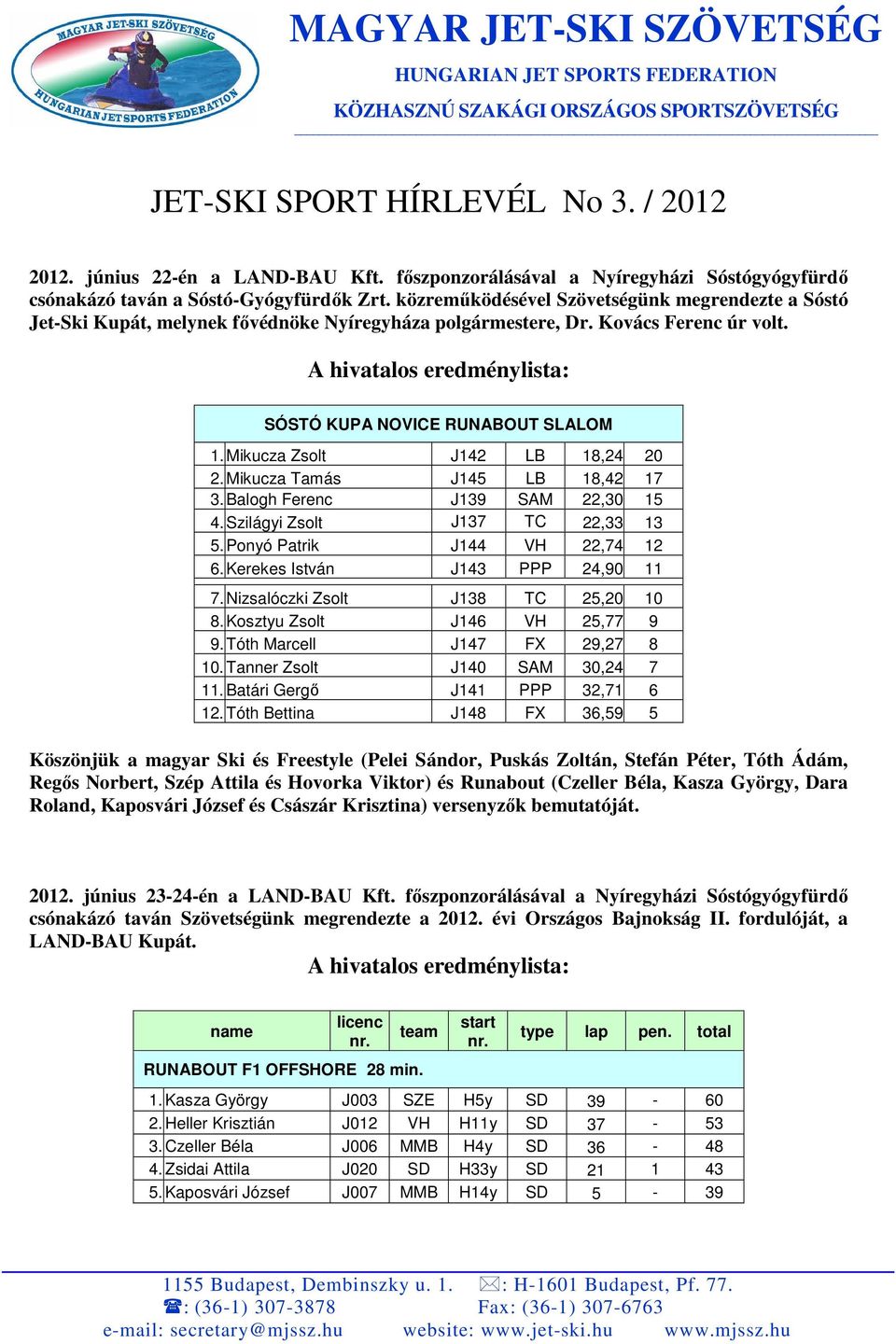 közreműködésével Szövetségünk megrendezte a Sóstó Jet-Ski Kupát, melynek fővédnöke Nyíregyháza polgármestere, Dr. Kovács Ferenc úr volt. A hivatalos eredménylista: SÓSTÓ KUPA NOVICE RUNABOUT SLALOM 1.