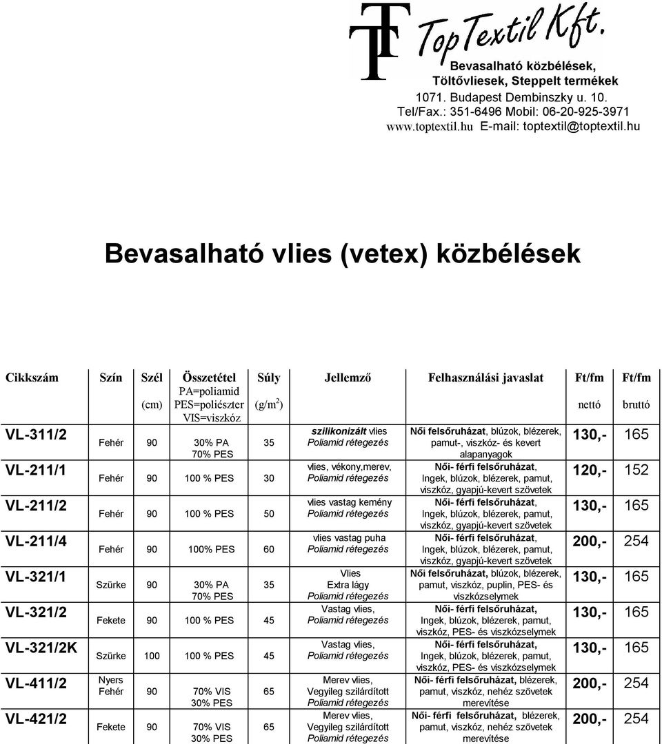 Bevasalható vlies (vetex) közbélések Cikkszám Szín Szél Jellemző Felhasználási javaslat PA=poliamid PES=poliészter VIS=viszkóz VL-311/2 VL-211/1 VL-211/2 VL-211/4 VL-321/1 VL-321/2 VL-321/2K VL-411/2