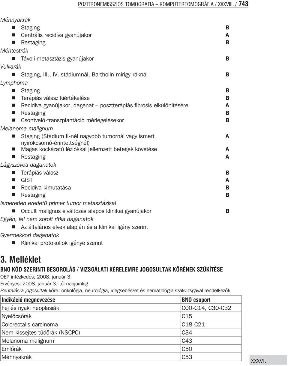 B Melanoma malignum Staging (Stádium II-nél nagyobb tumornál vagy ismert A nyirokcsomó-érintettségnél) Magas kockázatú léziókkal jellemzett betegek követése A A Lágyszöveti daganatok Terápiás válasz