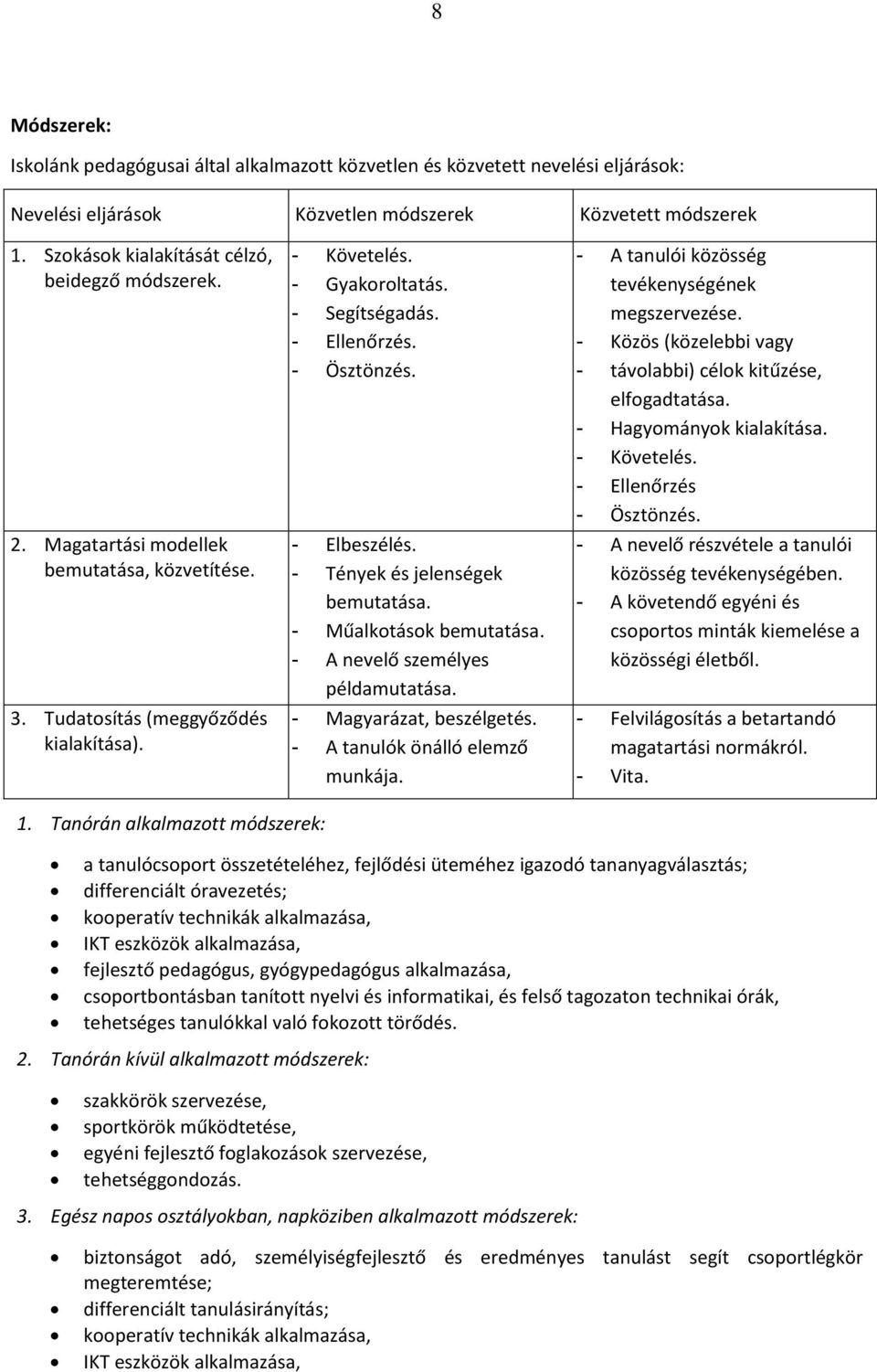 - Ösztönzés. - Elbeszélés. - Tények és jelenségek bemutatása. - Műalkotások bemutatása. - A nevelő személyes példamutatása. - Magyarázat, beszélgetés. - A tanulók önálló elemző munkája.