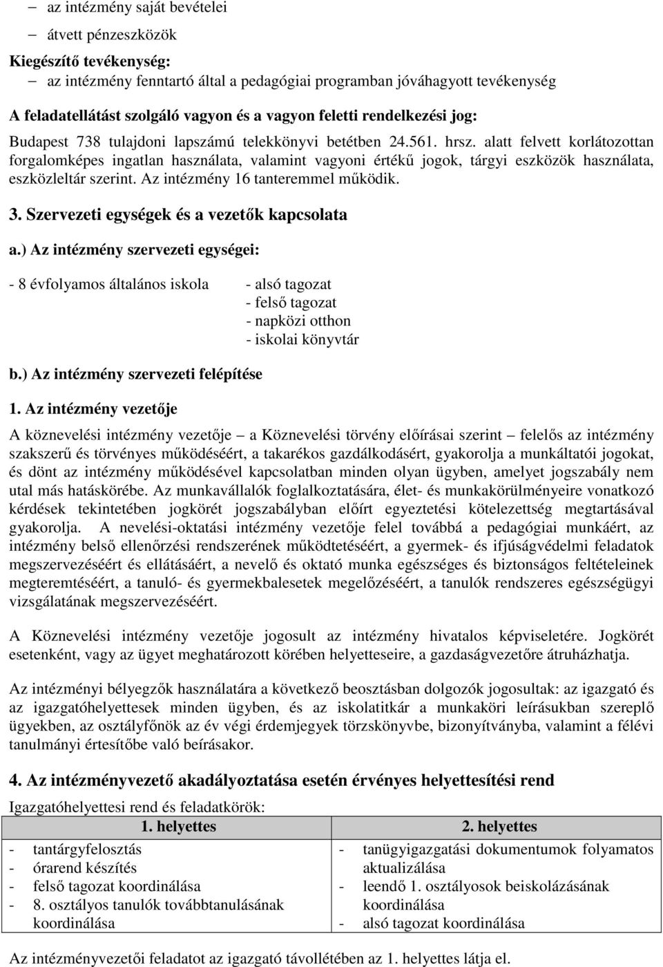 alatt felvett korlátozottan forgalomképes ingatlan használata, valamint vagyoni értékű jogok, tárgyi eszközök használata, eszközleltár szerint. Az intézmény 16 tanteremmel működik. 3.