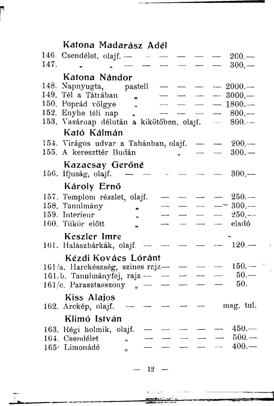 Templom részlet, olajf. 250. 158. Tanulmány ~ 300.-- 159. Interieur 250. - 160. Tükör előtt eladó Kcszler Imre 161. Halászbárkák, olajf. 120. Kezdi Kovács Lóránt 161/a.