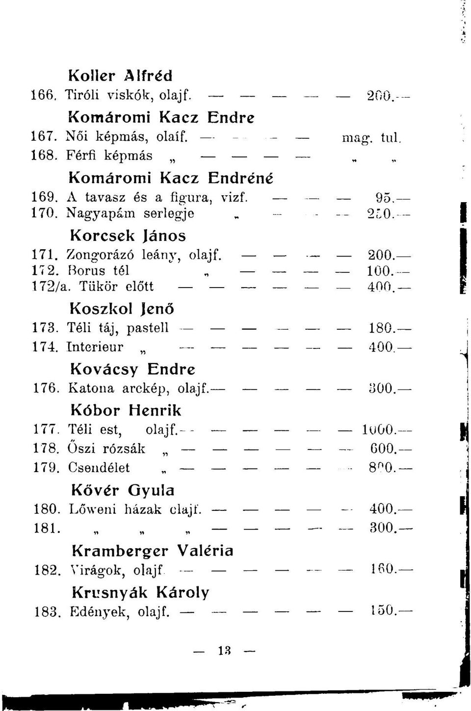 Koszkol Jenő 173. Téli táj, pastell 180. 174. Interieur _ 400 Kovácsy Endre 176. Katona arckép, olajf. 300. Kóbor Henrik 177. Téli est, olajf. _ lu00. 178.