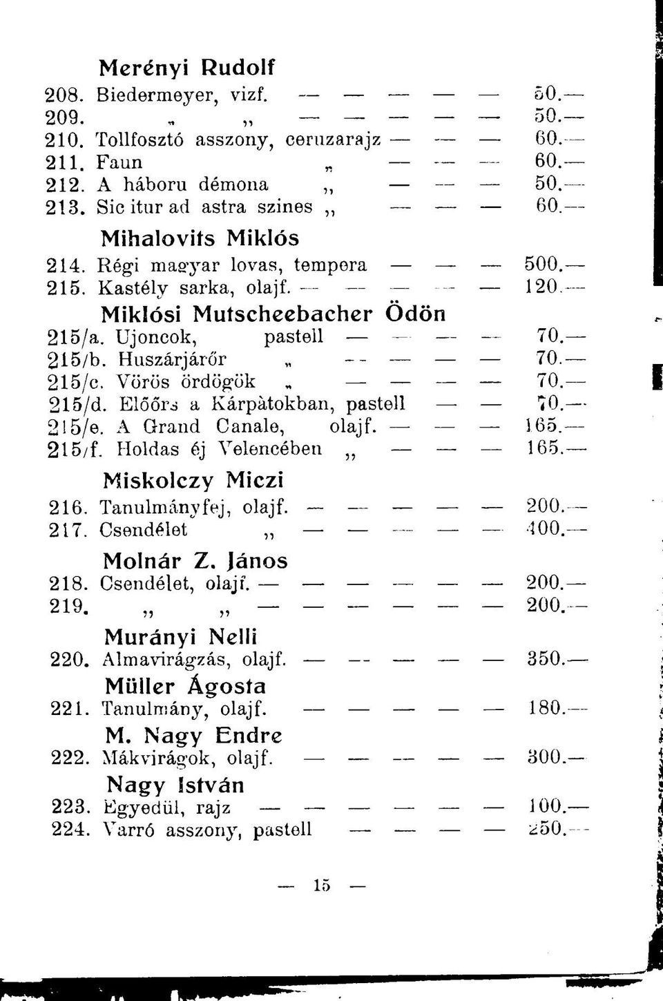 Előőrs a Kárpátokban, pastell 10, 2l5/e. A Grand Canale, olajf. 165.- 215/f. Holdas éj Velencében,, 165. Miskolczy Miczi 216. Tanulmányfej, olajf. - 200. 217. Csendélet 400. Molnár Z. János 218.