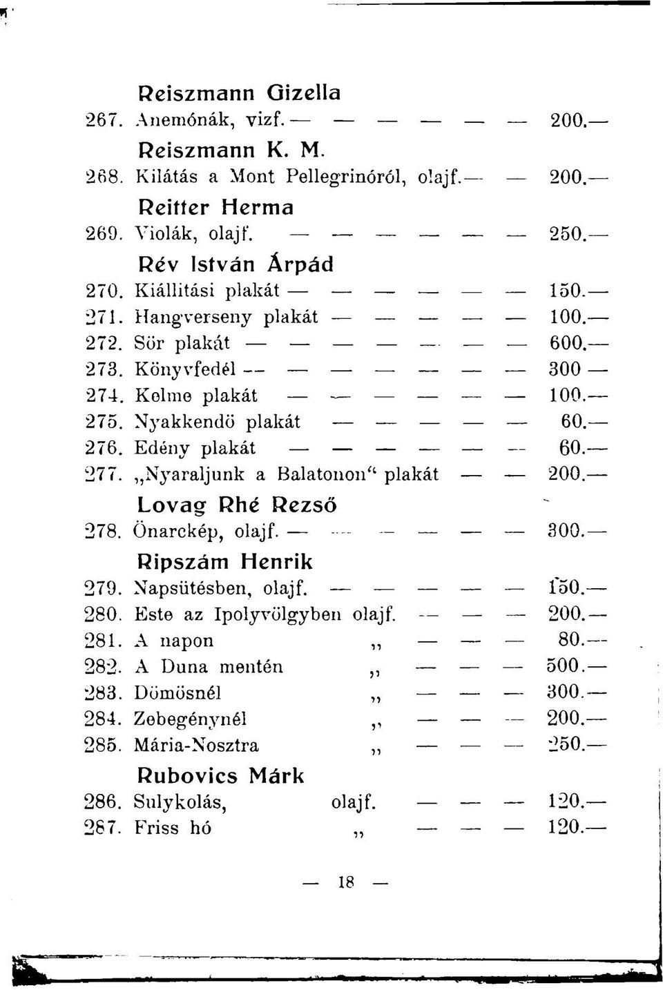 277.,,Nyaraljunk a Balatonon" plakát 200. Lovag Rhé Rezső 278. Önarckép, olajf. 300. Ripszám Henrik 279. Napsütésben, olajf. 150. 280. Este az Ipolyvölgyben olajf. 200. 281.