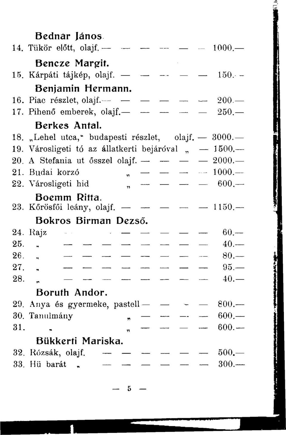 A Stefania ut ősszel olajf. 2000. 21. Budai korzó 1000. 22. Városligeti hid 600. Boemm Rifía. 23. Kőrösfői leány, olajf. 1150. Bokros Birman Dezső. 24.