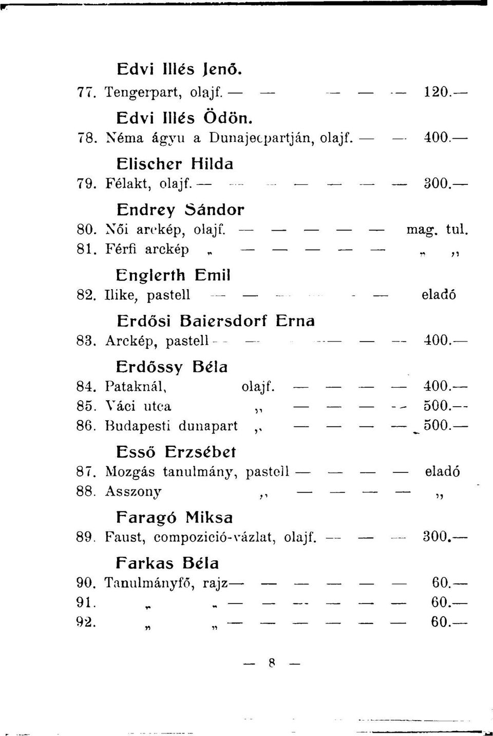 Arckép, pastell 400. Erdőssy Béla 84. Pataknál, olajf. 400. 85. Váci utca -- 500. 86. Budapesti dunapart,, _ 500. Esső Erzsébet 87.