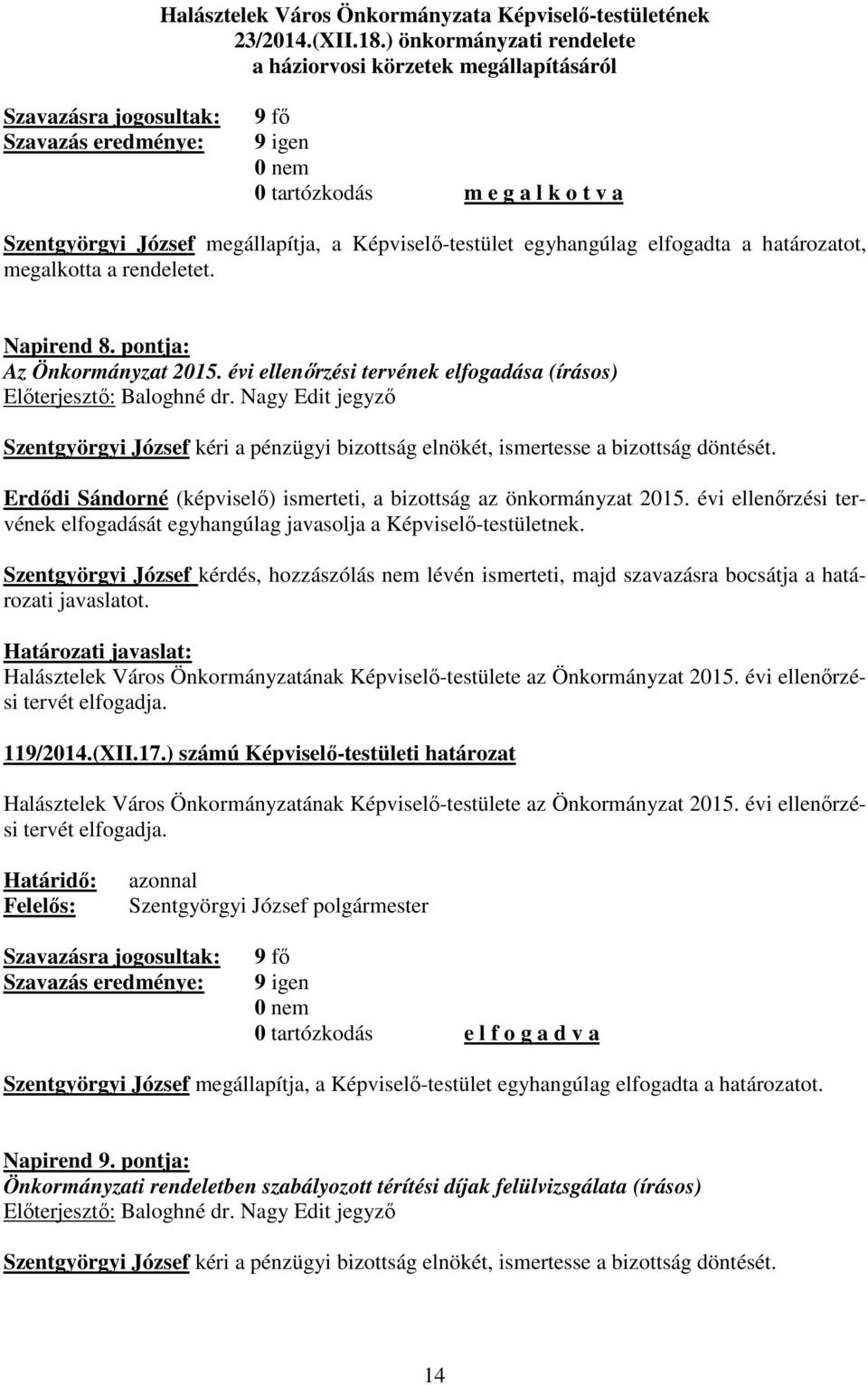 megalkotta a rendeletet. Napirend 8. pontja: Az Önkormányzat 2015. évi ellenőrzési tervének elfogadása (írásos) Előterjesztő: Baloghné dr.