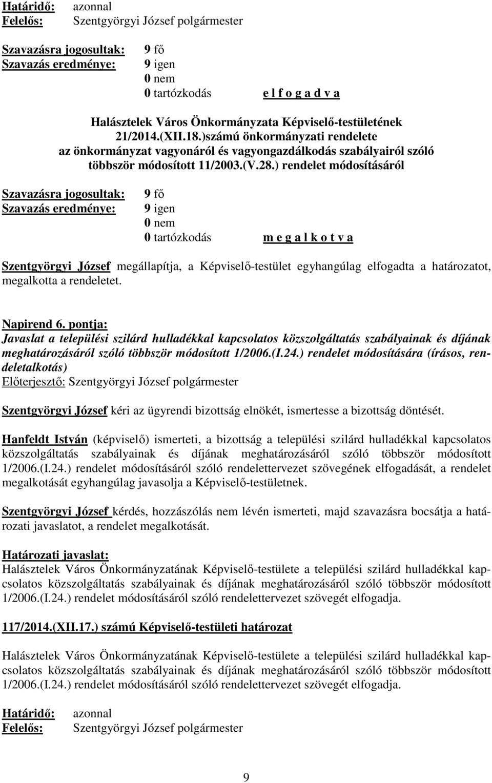 ) rendelet módosításáról 0 tartózkodás m e g a l k o t v a Szentgyörgyi József megállapítja, a Képviselő-testület egyhangúlag elfogadta a határozatot, megalkotta a rendeletet. Napirend 6.