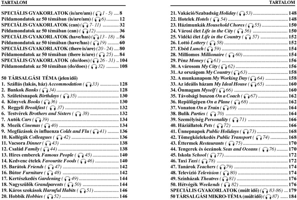 .. 80 Példamondatok az 50 témában (there is/are) ( 25)... 84 SPECIÁLIS GYAKORLATOK (do/does) ( 26-31).. 104 Példamondatok az 50 témában (do/does) ( 32)... 108 50 TÁRSALGÁSI TÉMA (jelen idõ) 1.