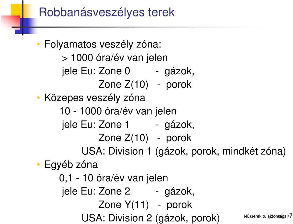 Zone Z(10) - porok USA: Division 1 (gázok, porok, mindkét zóna) Egyéb zóna 0,1-10 óra/év van