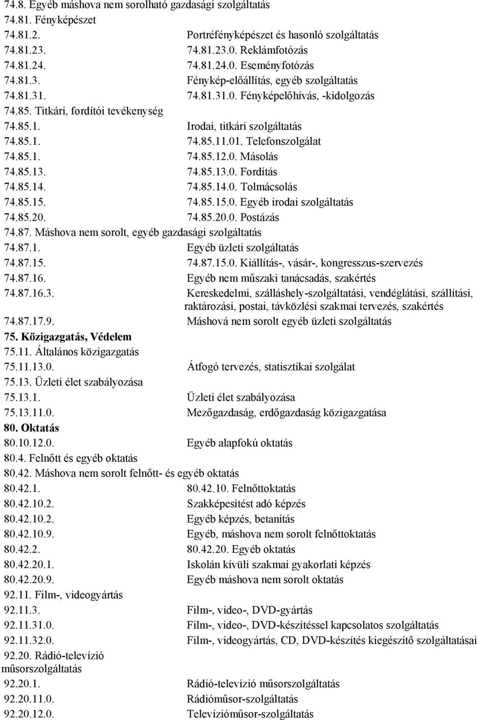 Telefonszolgálat 74.85.1. 74.85.12.0. Másolás 74.85.13. 74.85.13.0. Fordítás 74.85.14. 74.85.14.0. Tolmácsolás 74.85.15. 74.85.15.0. Egyéb irodai szolgáltatás 74.85.20. 74.85.20.0. Postázás 74.87.