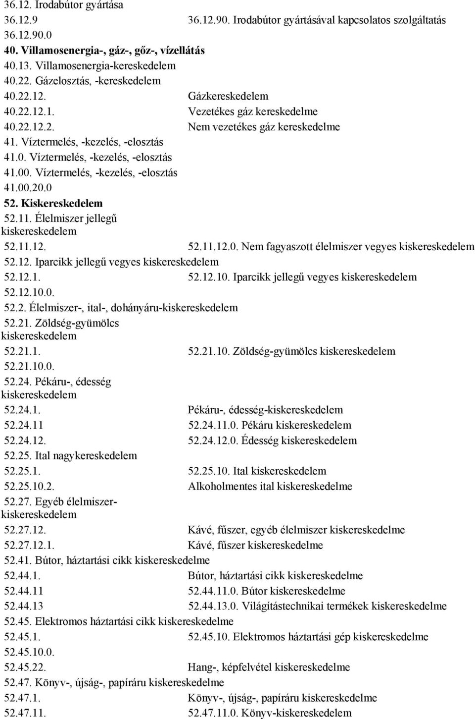 Víztermelés, -kezelés, -elosztás 41.00.20.0 52. Kiskereskedelem 52.11. Élelmiszer jellegű kiskereskedelem 52.11.12. 52.11.12.0. Nem fagyaszott élelmiszer vegyes kiskereskedelem 52.12. Iparcikk jellegű vegyes kiskereskedelem 52.