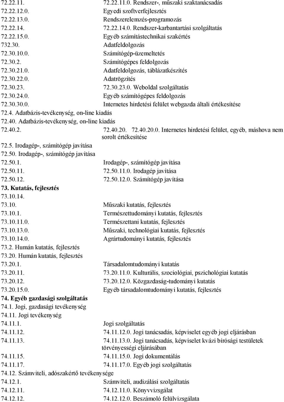 30.23. 72.30.23.0. Weboldal szolgáltatás 72.30.24.0. Egyéb számítógépes feldolgozás 72.30.30.0. Internetes hirdetési felület webgazda általi értékesítése 72.4. Adatbázis-tevékenység, on-line kiadás 72.