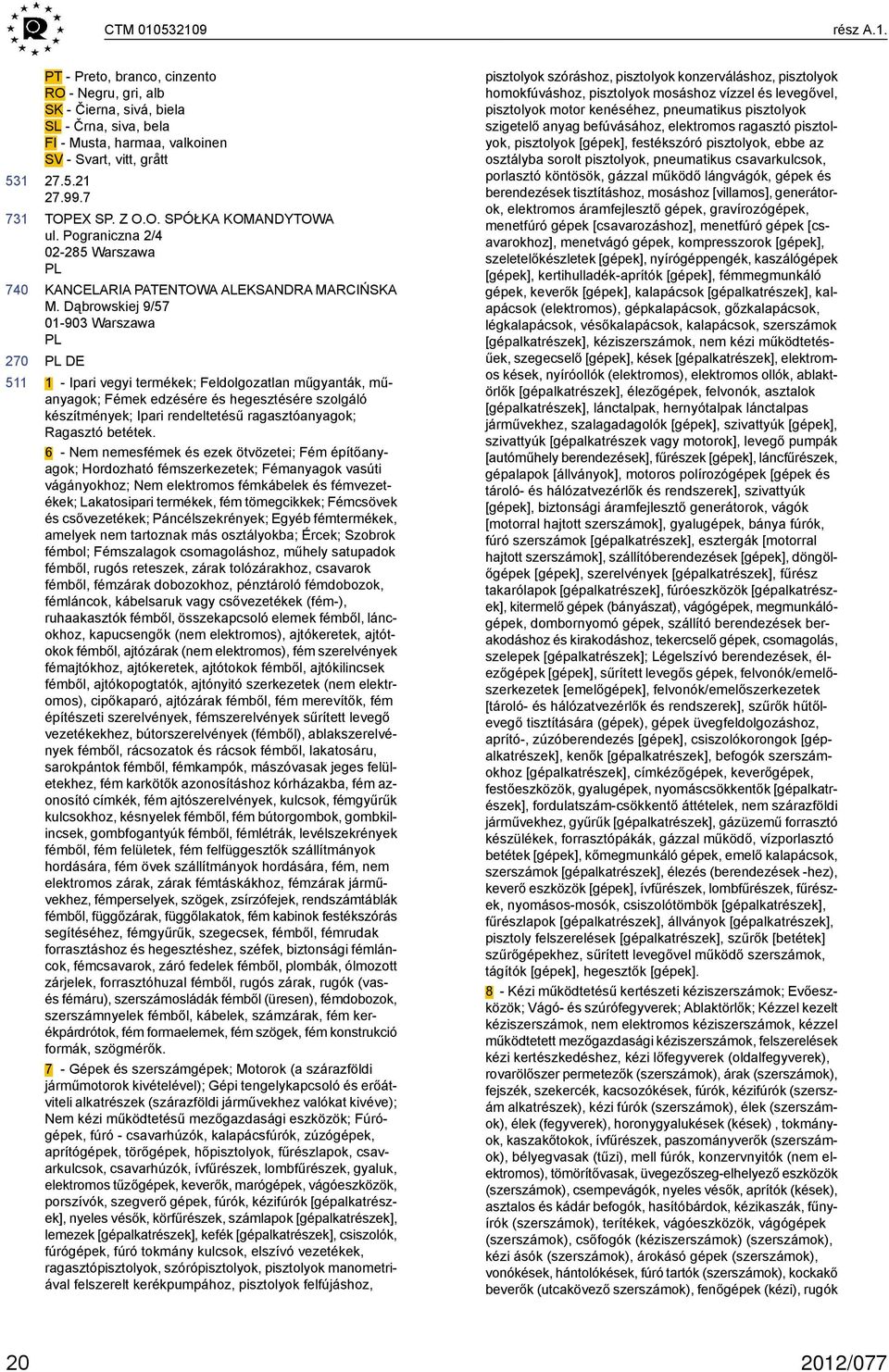 Dąbrowskiej 9/57 1-93 Warszawa PL PL 1 - Ipari vegyi termékek; Feldolgozatlan műgyanták, műanyagok; Fémek edzésére és hegesztésére szolgáló készítmények; Ipari rendeltetésű ragasztóanyagok; Ragasztó