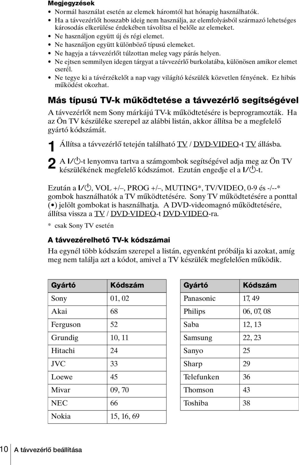 Ne használjon együtt különböző típusú elemeket. Ne hagyja a távvezérlőt túlzottan meleg vagy párás helyen. Ne ejtsen semmilyen idegen tárgyat a távvezérlő burkolatába, különösen amikor elemet cserél.