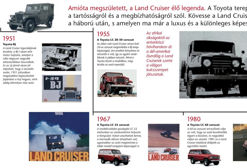 Amióta megszületett, a Land Cruiser élô legenda. A Toyota terep a tartósságról és a megbízhatóságról szól.