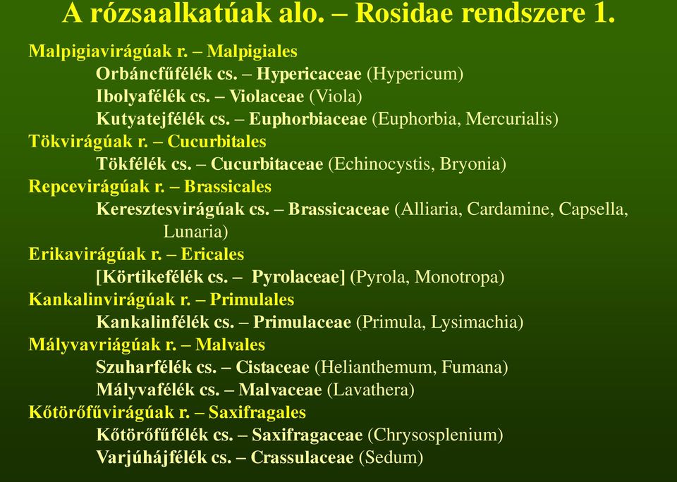 Brassicaceae (Alliaria, Cardamine, Capsella, Lunaria) Erikavirágúak r. Ericales [Körtikefélék cs. Pyrolaceae] (Pyrola, Monotropa) Kankalinvirágúak r. Primulales Kankalinfélék cs.