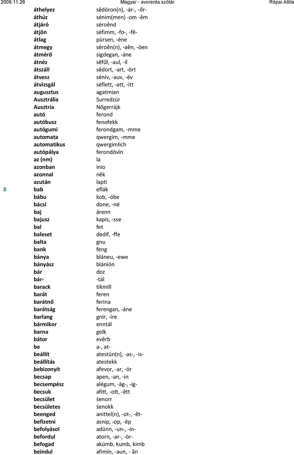 qwergim, -mme automatikus qwergimlich autópálya ferondövín az (nm) la azonban inio azonnal nêk azután lapti B bab eflák bábu kob, -óbe bácsi done, -né baj árenn bajusz kapis, -sse bal fet baleset