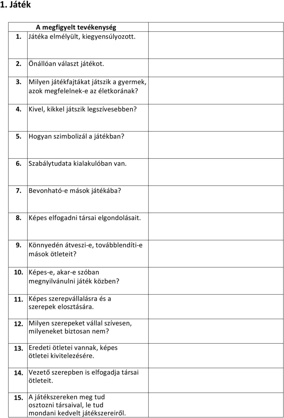 Könnyedén átveszi-e, továbblendíti-e mások ötleteit? 10. Képes-e, akar-e szóban megnyilvánulni játék közben? 11. Képes szerepvállalásra és a szerepek elosztására. 12.