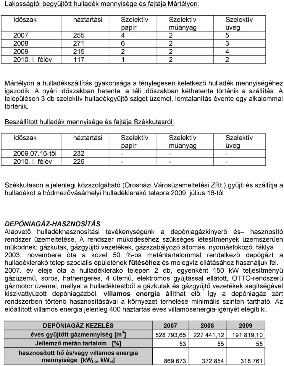 Beszállított hulladék mennyisége és fajtája Székkutasról: Időszak háztartási papír műanyag üveg 2009.07.16-től 232 - - - 2010. I. félév 226 - - - Székkutason a jelenlegi közszolgáltató (Orosházi Városüzemeltetési ZRt.