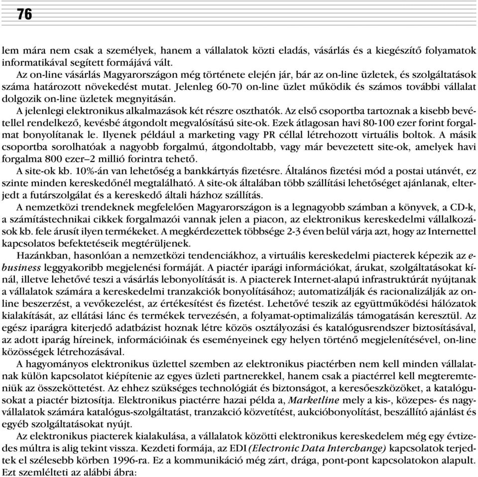 Jelenleg 60-70 on-line üzlet mûködik és számos további vállalat dolgozik on-line üzletek megnyitásán. A jelenlegi elektronikus alkalmazások két részre oszthatók.