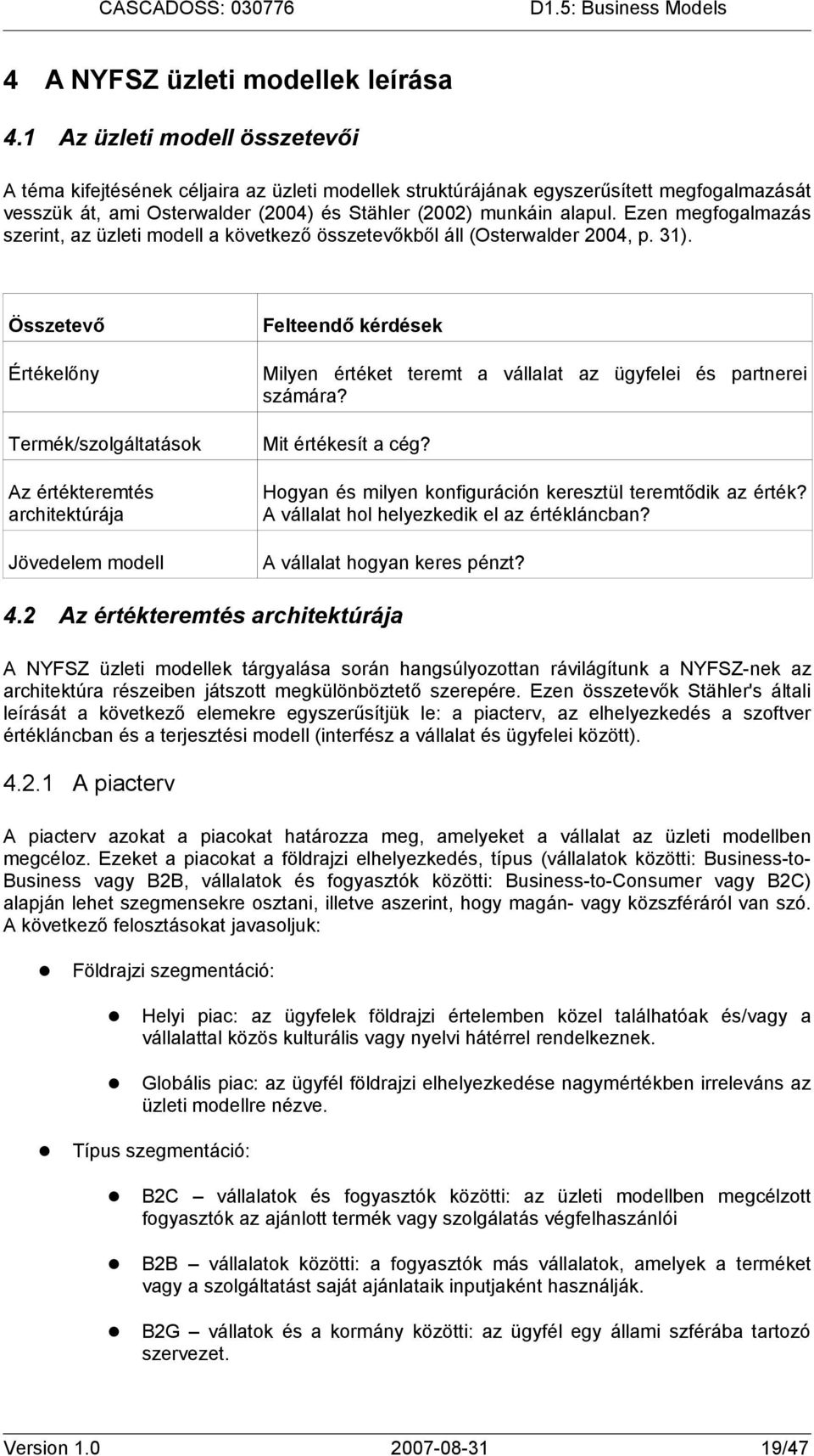 Ezen megfogalmazás szerint, az üzleti modell a következő összetevőkből áll (Osterwalder 2004, p. 31).