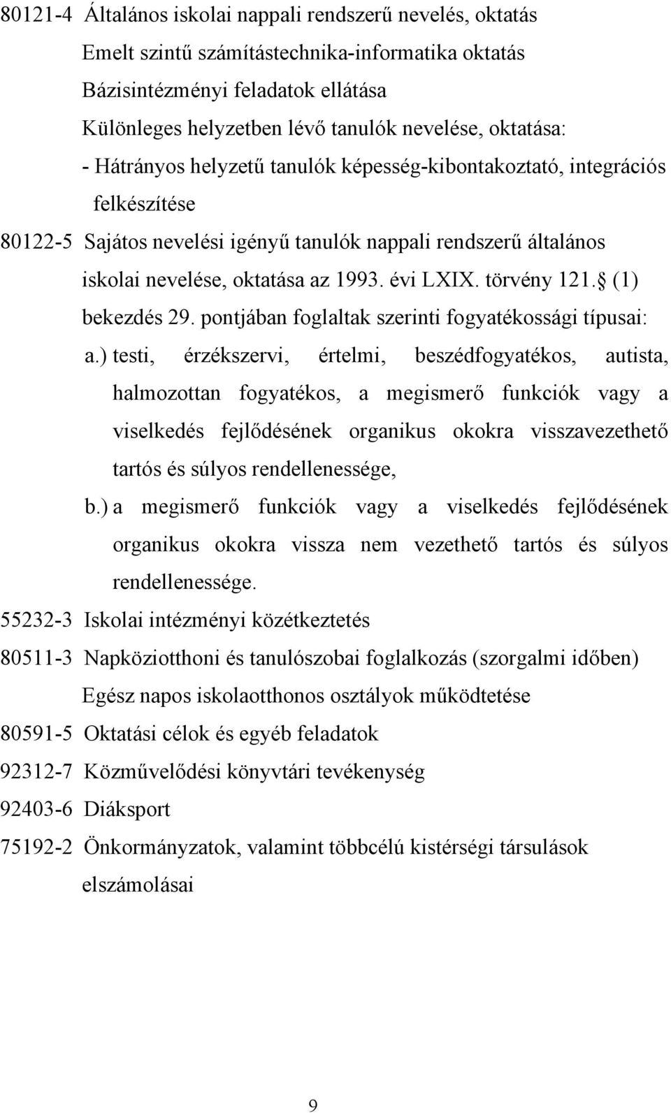 évi LXIX. törvény 121. (1) bekezdés 29. pontjában foglaltak szerinti fogyatékossági típusai: a.