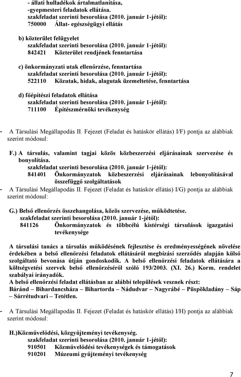 fenntartása d) főépítészi feladatok ellátása 711100 Építészmérnöki tevékenység - A Társulási Megállapodás II. Fejezet (Feladat és hatáskör ellátás) I/F) pontja az alábbiak szerint módosul: F.