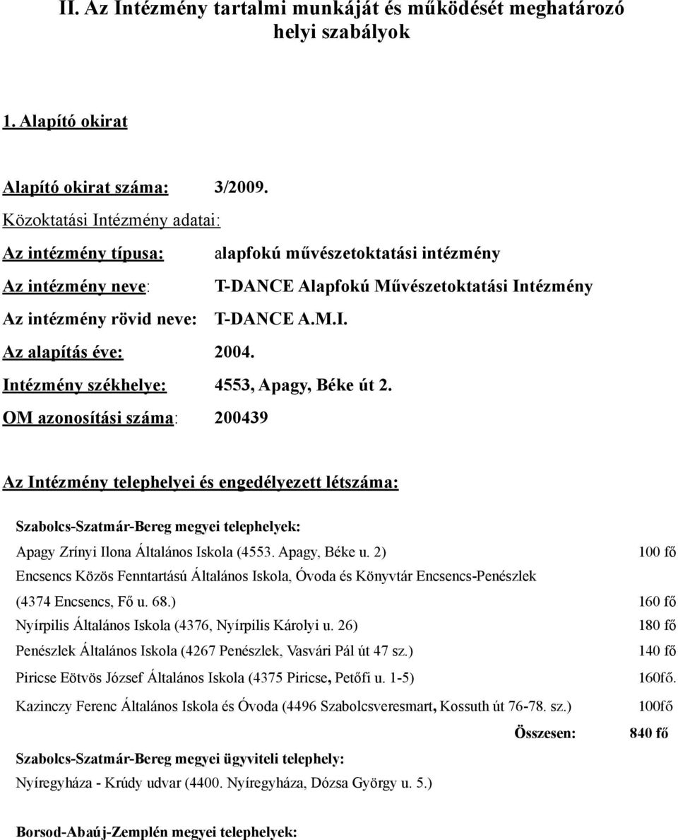 Intézmény székhelye: 4553, Apagy, Béke út 2.