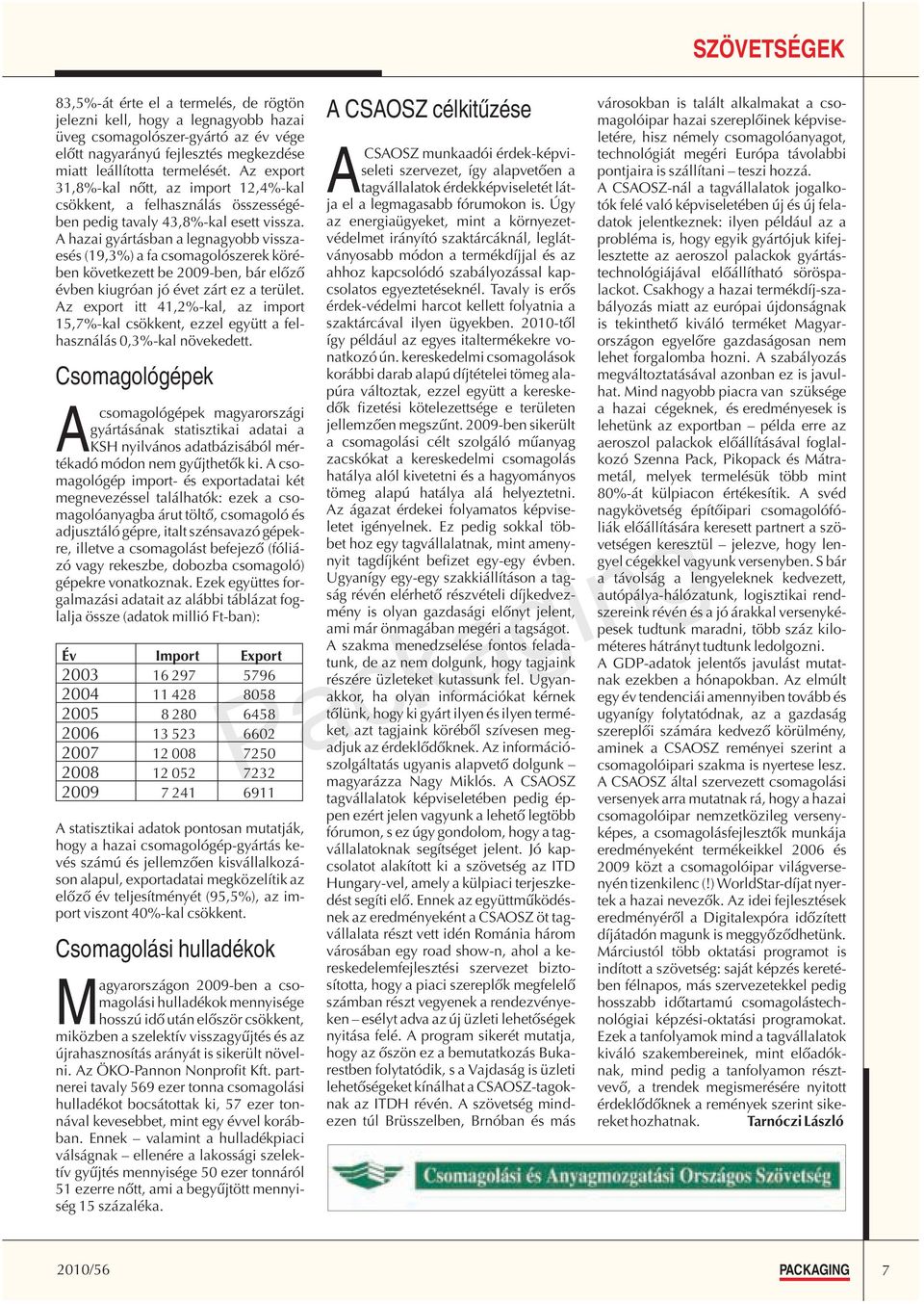 A hazai gyártásban a legnagyobb visszaesés (19,3%) a fa csomagolószerek körében következett be 2009-ben, bár elõzõ évben kiugróan jó évet zárt ez a terület.