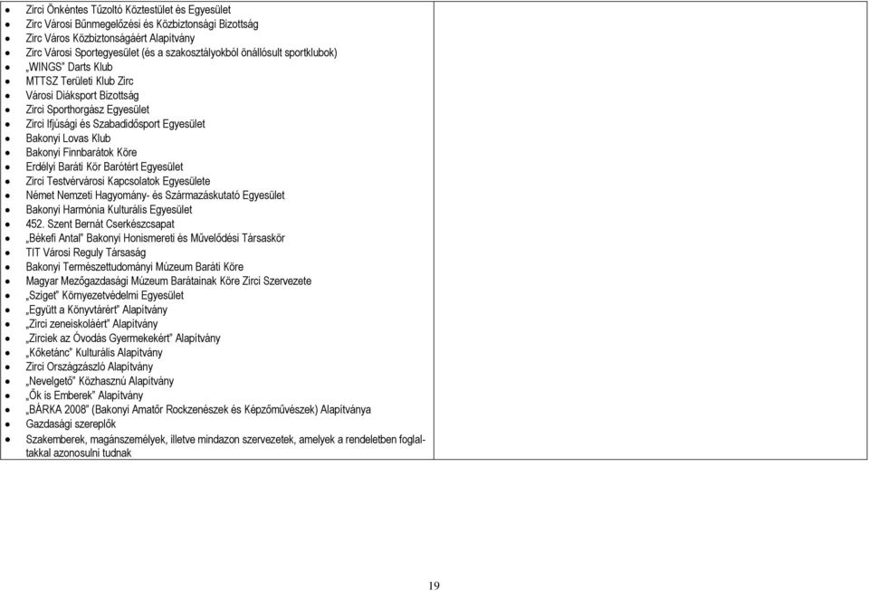 Bráti Kör Brótért Egyesület Zirci Testvérvárosi Kpcsoltok Egyesülete Német Nemzeti Hgyomány- és Szármzáskuttó Egyesület Bkonyi Hrmóni Kulturális Egyesület 452.