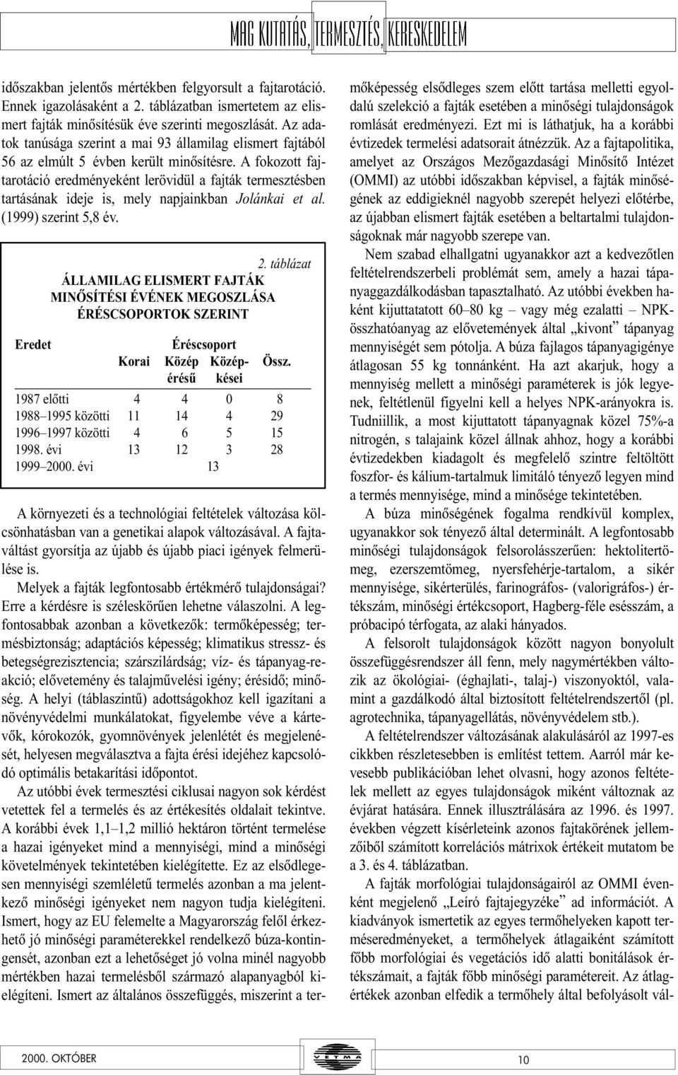 A fokozott fajtarotáció eredményeként lerövidül a fajták termesztésben tartásának ideje is, mely napjainkban Jolánkai et al. (1999) szerint 5,8 év. 2.