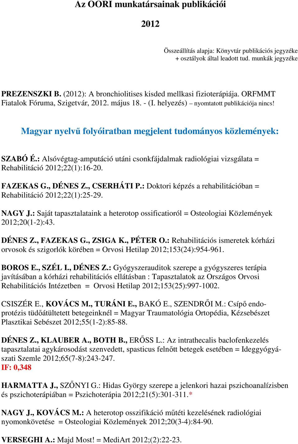 Magyar nyelvű folyóiratban megjelent tudományos közlemények: SZABÓ É.: Alsóvégtag-amputáció utáni csonkfájdalmak radiológiai vizsgálata = Rehabilitáció 2012;22(1):16-20. FAZEKAS G., DÉNES Z.