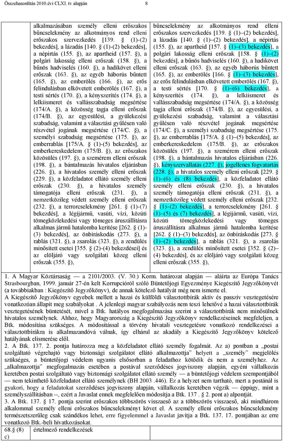 ), az emberölés (166. ), az erős felindulásban elkövetett emberölés (167. ), a testi sértés (170. ), a kényszerítés (174. ), a lelkiismeret és vallásszabadság megsértése (174/A.