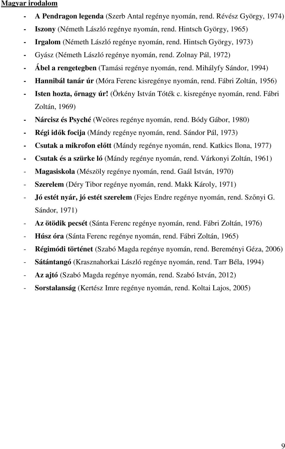 Zolnay Pál, 1972) - Ábel a rengetegben (Tamási regénye nyomán, rend. Mihályfy Sándor, 1994) - Hannibál tanár úr (Móra Ferenc kisregénye nyomán, rend. Fábri Zoltán, 1956) - Isten hozta, őrnagy úr!