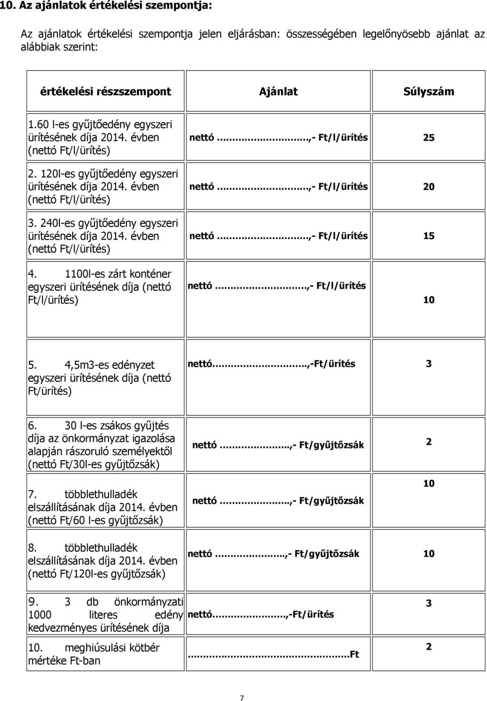 240l-es gyűjtőedény egyszeri ürítésének díja 2014. évben (nettó Ft/l/ürítés) nettó,- Ft/l/ürítés 25 nettó,- Ft/l/ürítés 20 nettó,- Ft/l/ürítés 15 4.