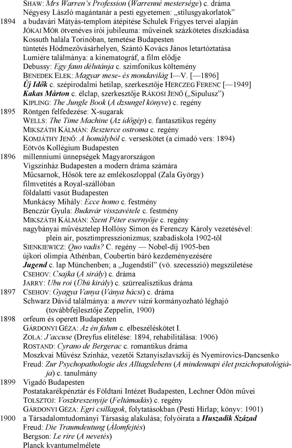 díszkiadása Kossuth halála Torinóban, temetése Budapesten tüntetés Hódmezővásárhelyen, Szántó Kovács János letartóztatása Lumière találmánya: a kinematográf, a film elődje Debussy: Egy faun délutánja