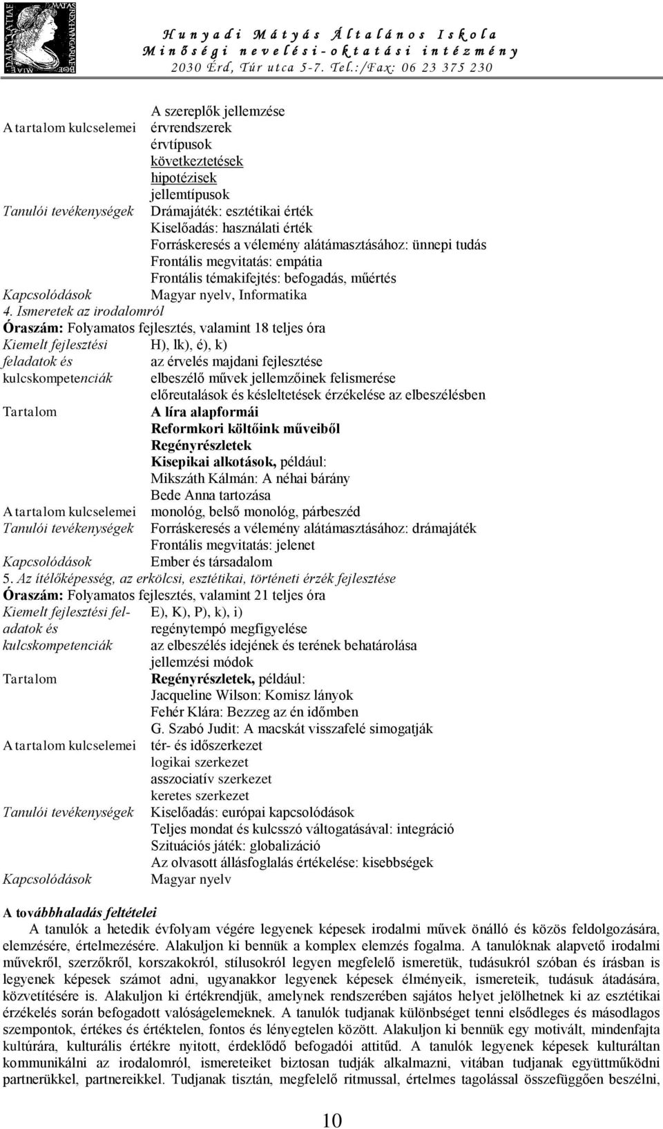 Ismeretek az irodalomról Óraszám: Folyamatos fejlesztés, valamint 18 teljes óra H), lk), é), k) az érvelés majdani fejlesztése elbeszélő művek jellemzőinek felismerése előreutalások és késleltetések