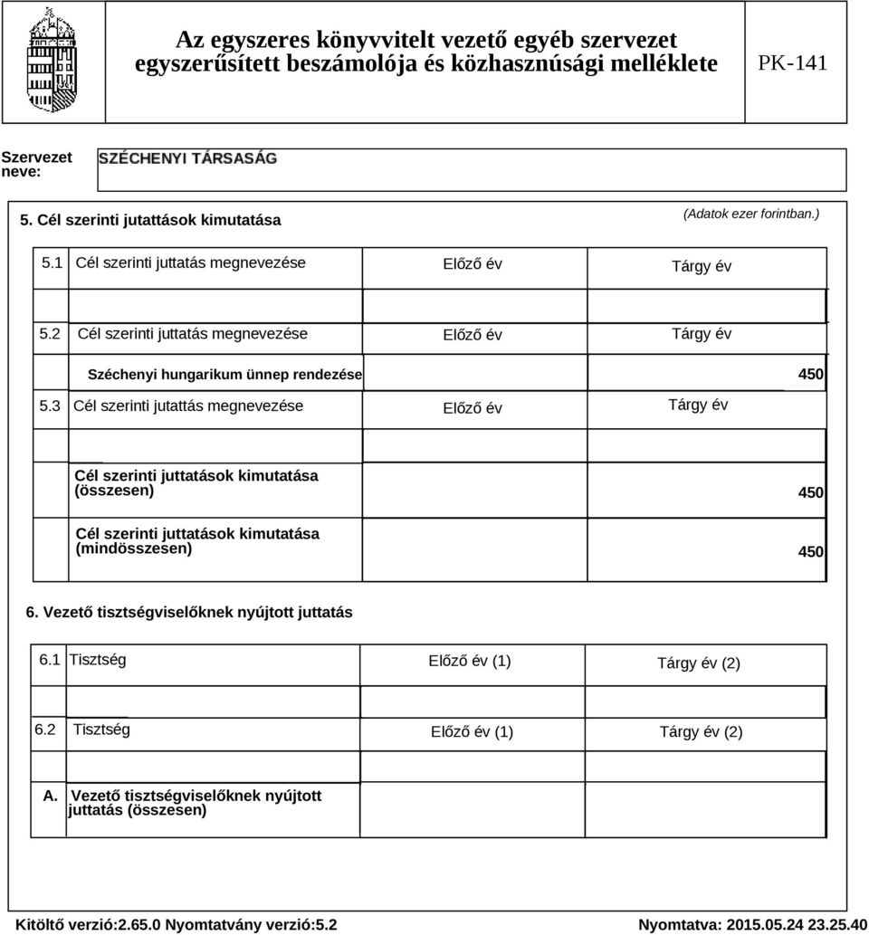 3 Cél szerinti jutattás megnevezése Előző év Tárgy év Cél szerinti juttatások kimutatása (összesen) Cél szerinti juttatások kimutatása